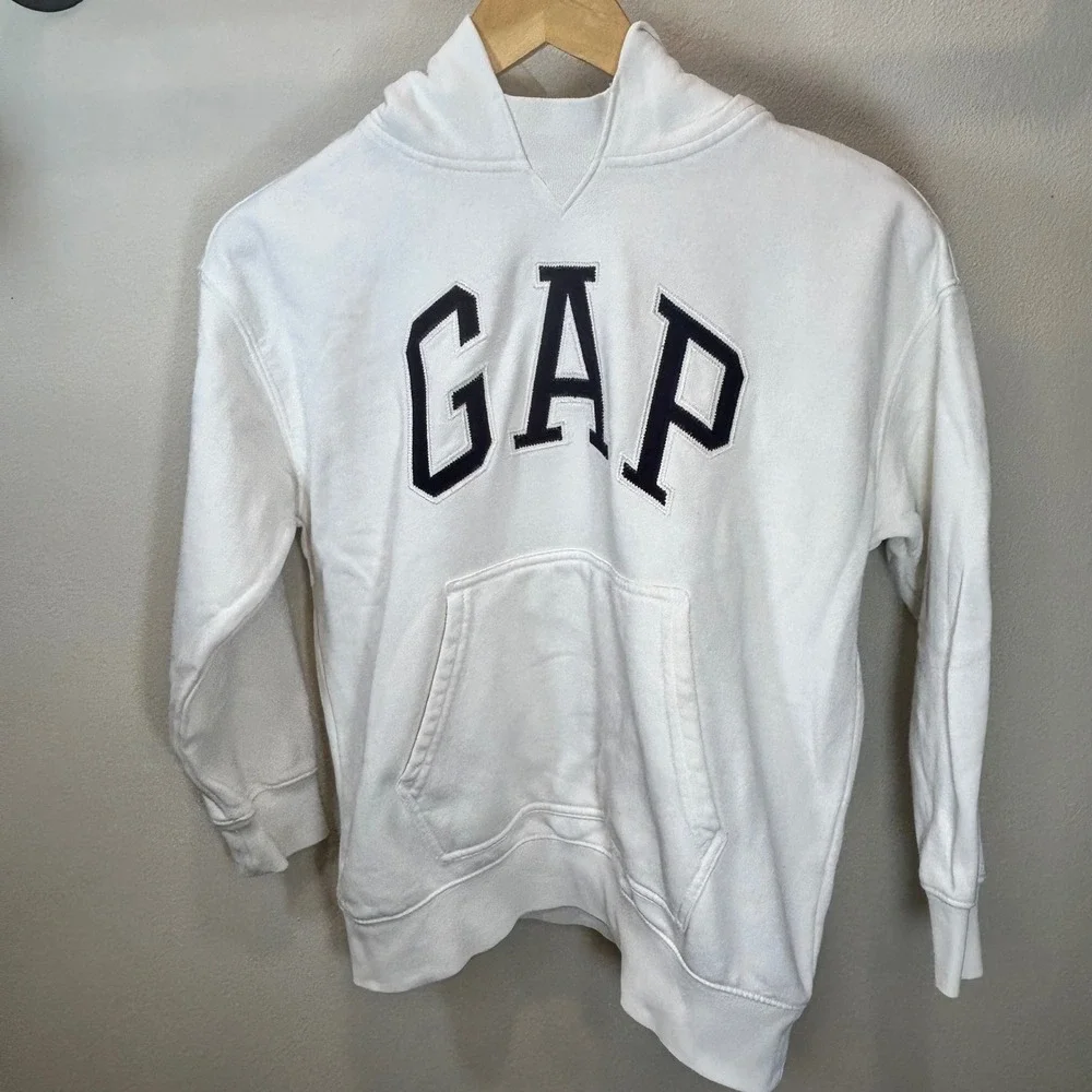 Gap Teen Girls Logo Hoodie Sweatshirt Cream Navy Blue Fleece Size 8 0404